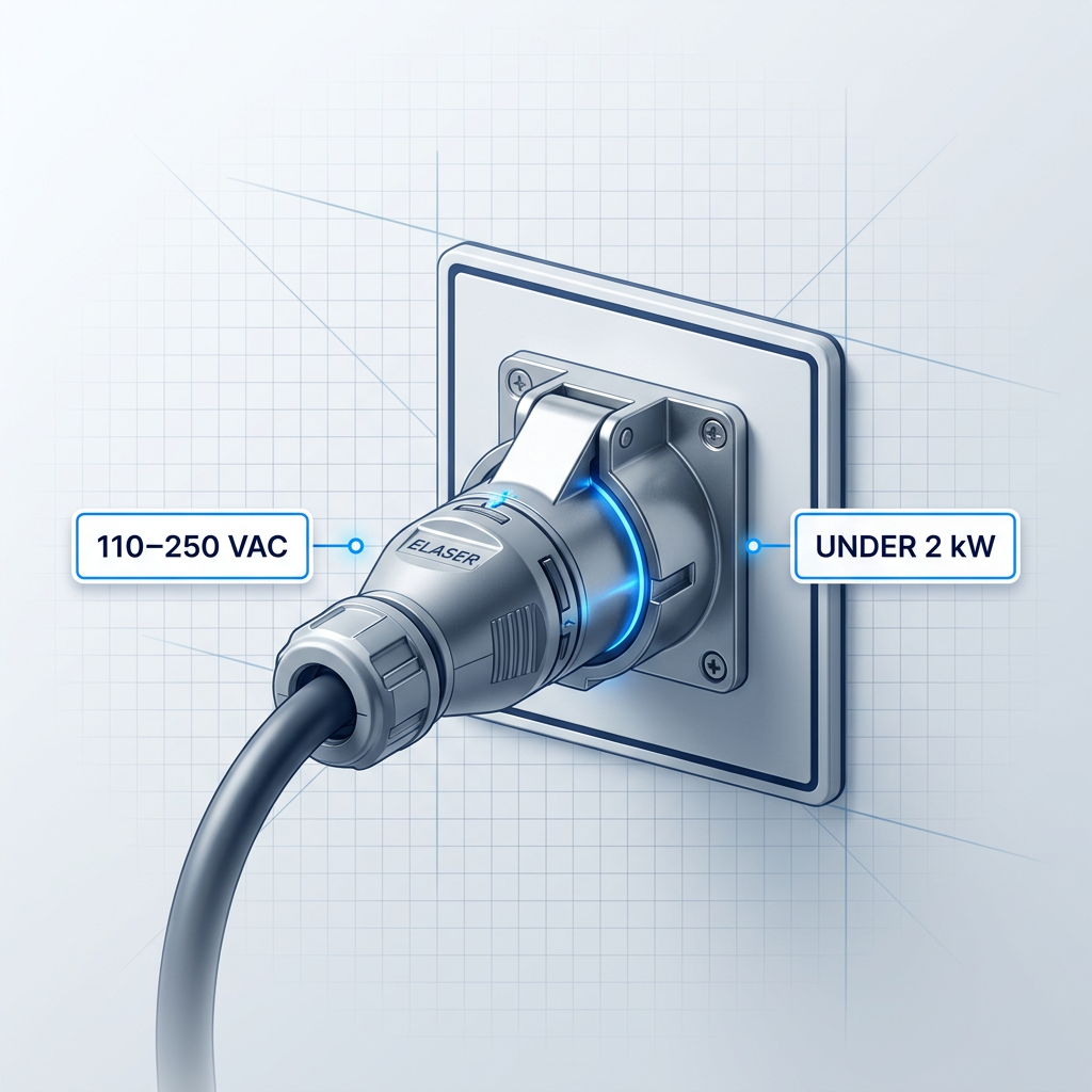 Industrial power socket with connected ELASER cable, flanked by specification badges showing 110–250 VAC input and under 2 kW power draw on a clean technical workspace background.