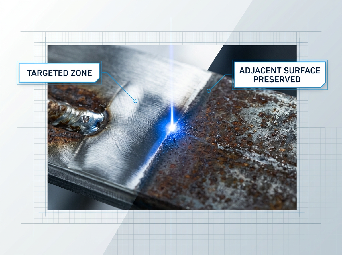 Close-up of metal surface showing laser-cleaned zone with bare polished steel on left, rust-coated untreated surface on right, sharp dividing line with electric blue laser glow at treatment edge.