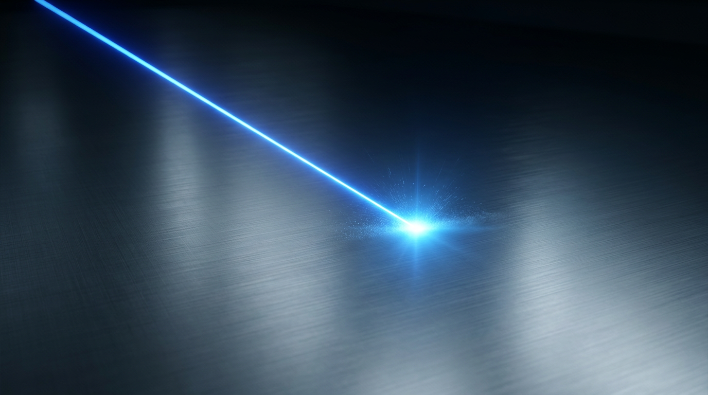 Deep industrial metal surface illuminated by focused electric blue laser beam, creating intense glow at contact point with particle ablation effect and reflective steel tones fading to black at edges.