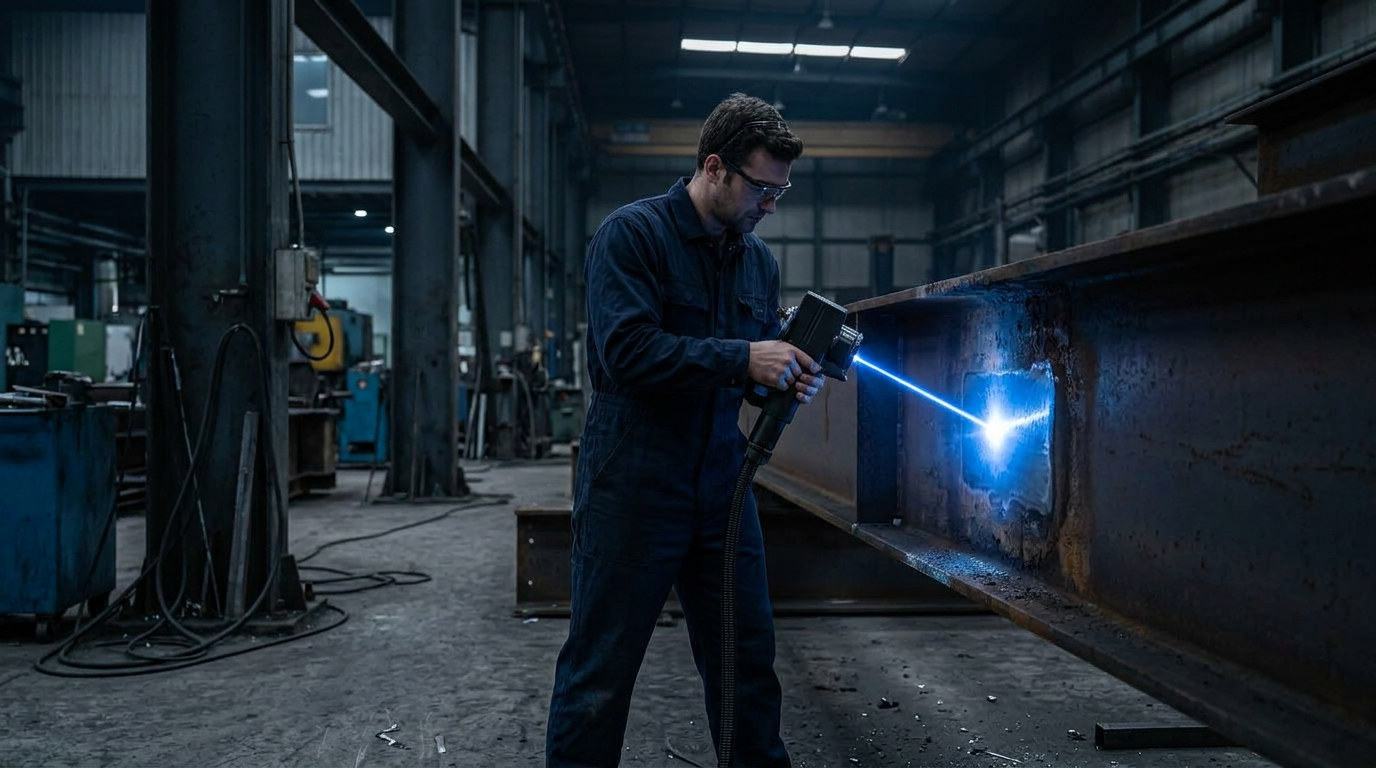 Industrial workshop operator in dark coveralls using handheld laser cleaning scanner on steel surface, with bright electric blue laser glow at contact point showing cleaned bare metal contrasting rust-covered areas.