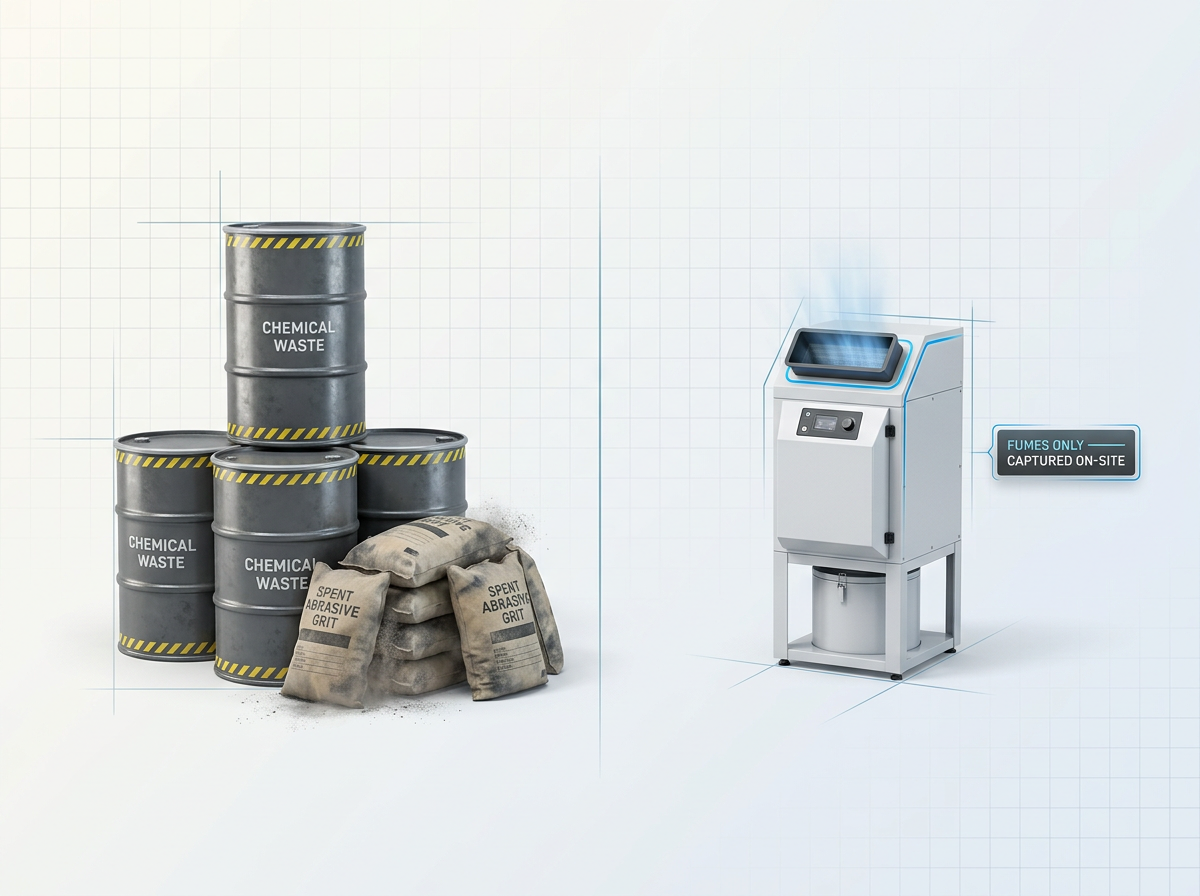 Split-zone comparison: left side shows stacked chemical waste drums and bags of spent abrasive grit; right side shows compact fume extraction unit with intake vent and collection chamber, labeled 'Fumes only — captured on-site'.