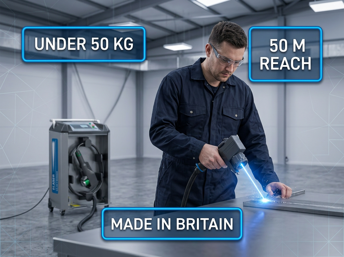 Industrial workshop scene with focused engineer in dark coveralls holding compact ELASER handheld scanner directed at metal surface with electric blue laser glow. Wheeled ELASER unit visible in background. Three white badge labels overlay: 'Under 50 kg', '50 m reach', 'Made in Britain'.