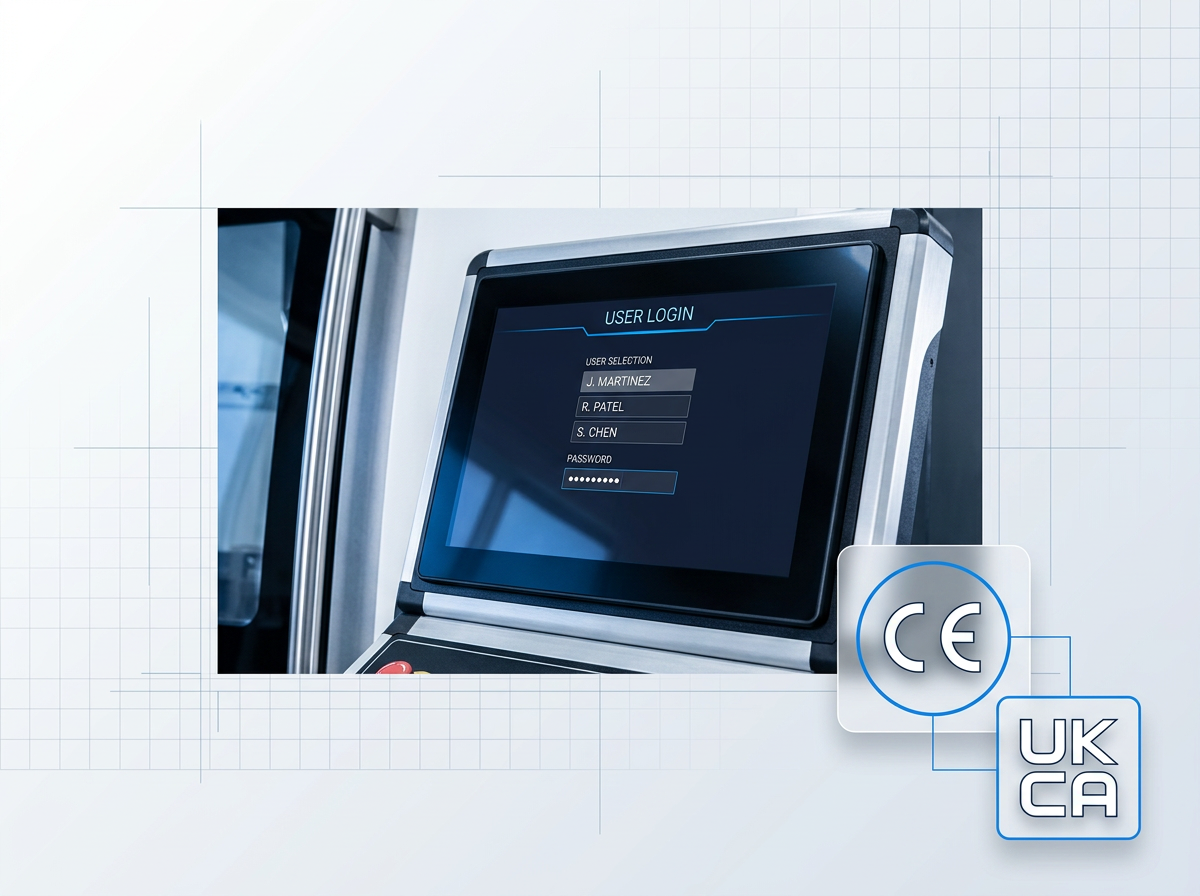 ELASER touchscreen interface displaying user login screen with password-protected access control, mounted on machine housing with CE and UKCA certification badges in lower corner.