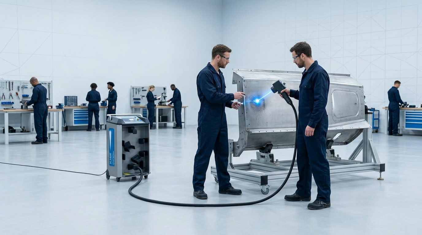 Operator in navy coveralls using ELASER-RHZ laser scanner on metal surface in bright open-plan workshop, with background workers continuing tasks uninterrupted at their stations.