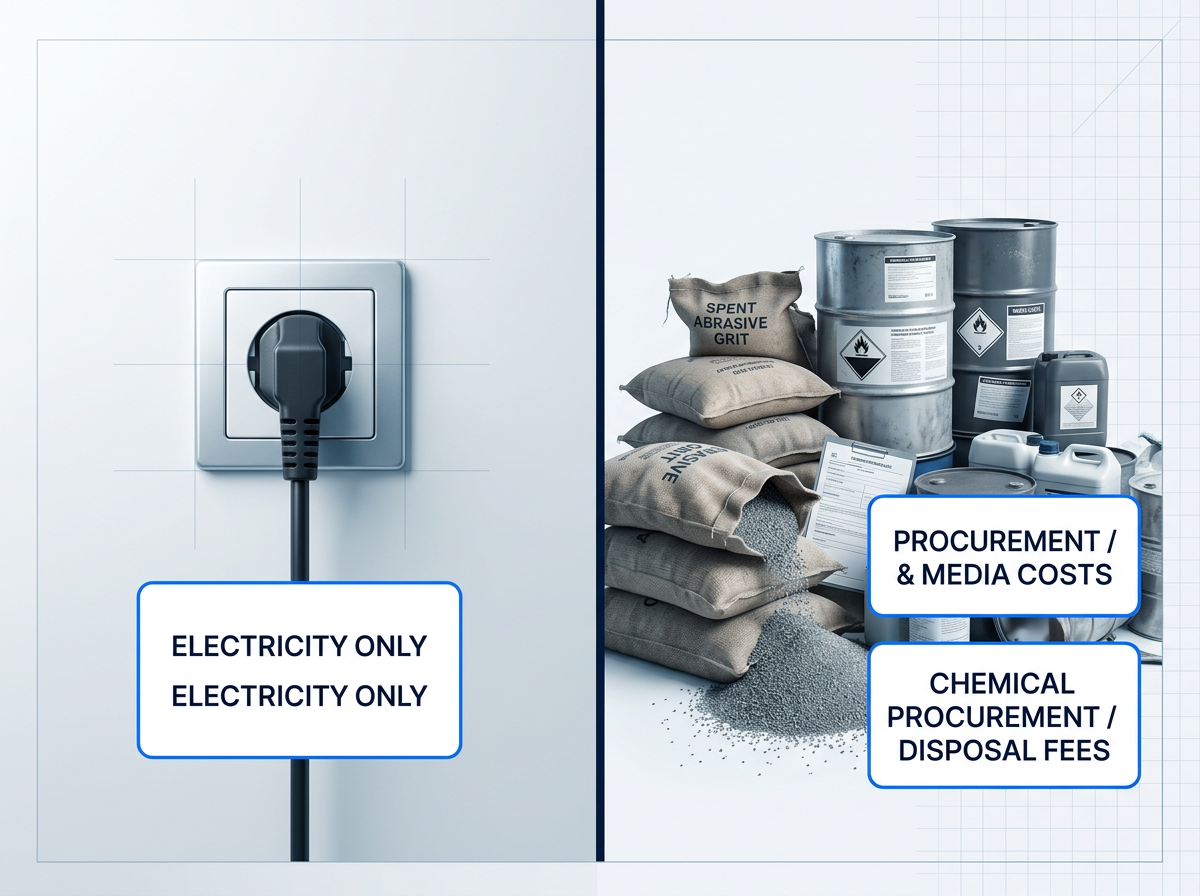 Split-panel comparison: left panel shows a power socket with cable labeled 'Electricity only'; right panel displays industrial waste bags and chemical drums labeled 'Media costs' and 'Chemical procurement/disposal fees'.