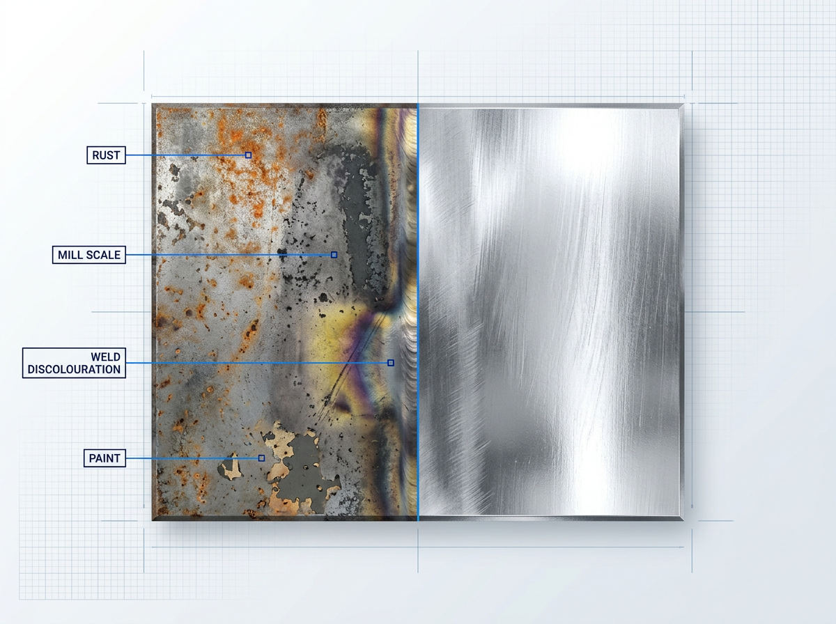 Metal surface split vertically: left side shows contaminated steel with rust, mill scale, weld discolouration, and paint; right side shows cleaned bare metal. Labels identify each contaminant type with connector lines.
