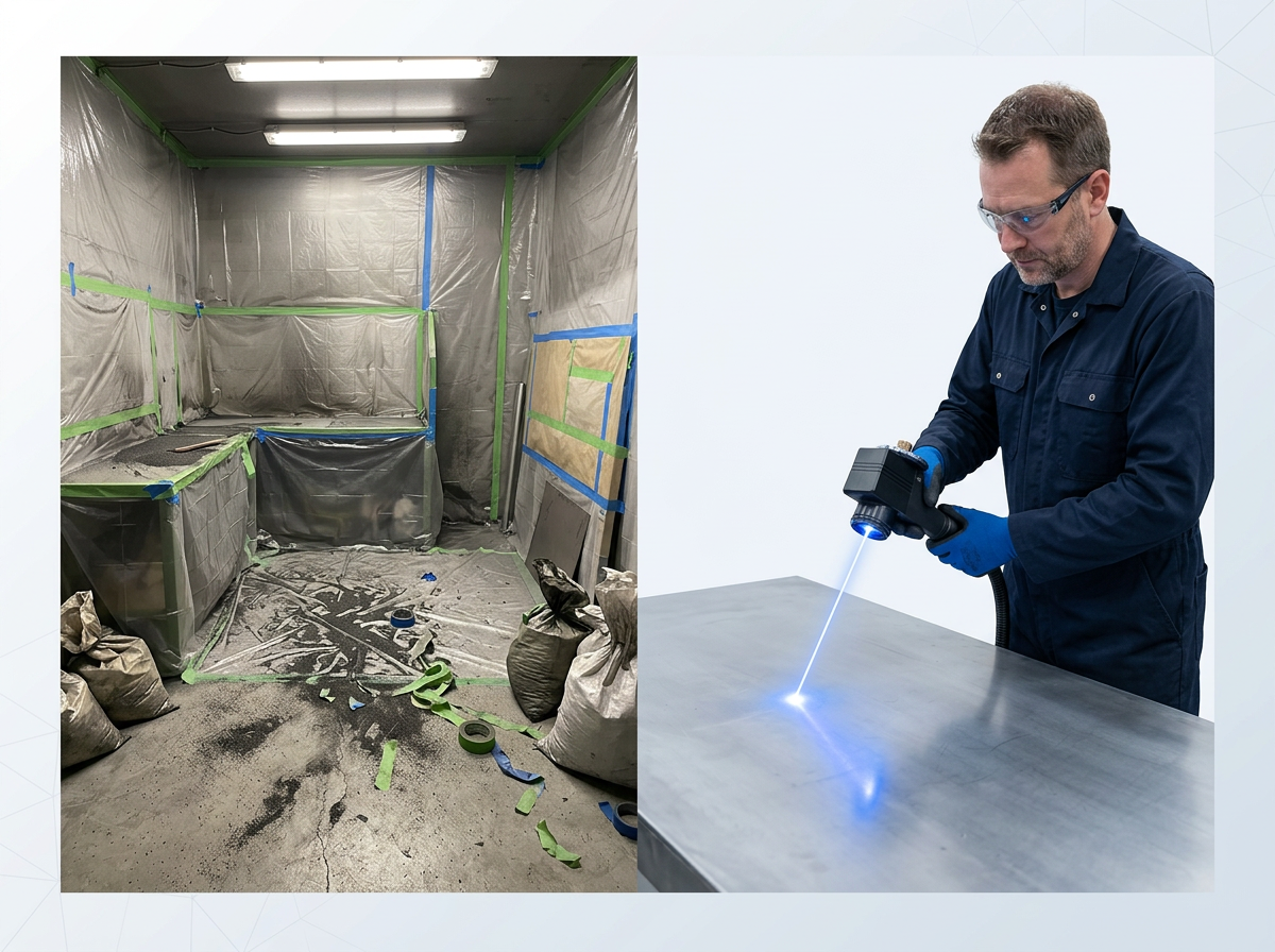 Split-scene comparison: left side shows cluttered sandblasting setup with plastic containment, taped surfaces, and scattered spent media; right side shows operator in navy coveralls using handheld laser scanner on bare metal surface with electric blue laser beam visible.