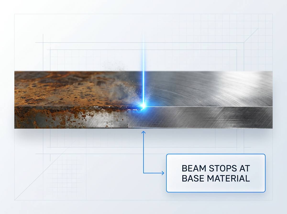 Cross-section of metal surface showing laser ablation: contaminated rust and oxidation layer on left glowing as electric blue laser beam strikes the boundary, clean reflective base material on right, label reads 'Beam stops at base material'.