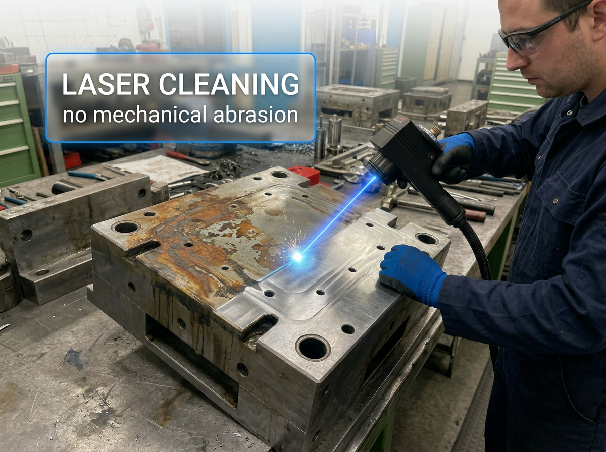 Technician in dark coveralls holding ELASER laser scanner directed at metal surface, showing before-and-after cleaning effect with electric blue laser beam at contact point and clean bare metal on treated side.