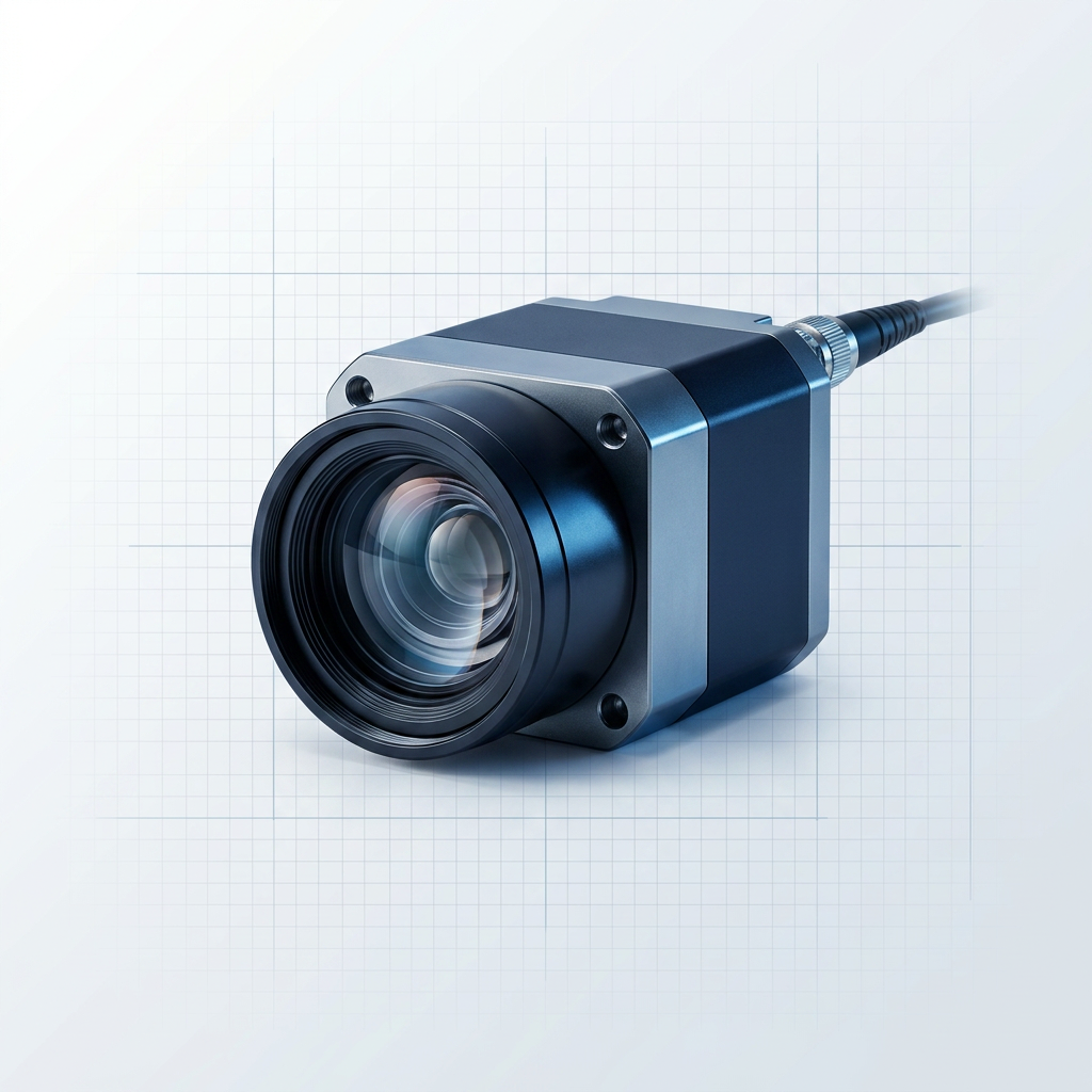 ELASER handheld laser scanner head with F-Theta lens prominently visible at front, rendered in dark navy and steel metallic finishes against a clean light grey gradient background.