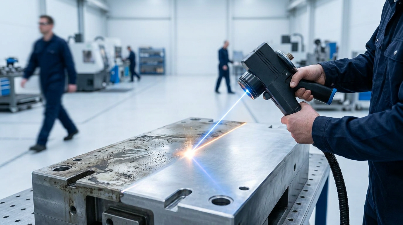 Industrial workshop with technician using handheld ELASER-RHZ laser scanner on metal surface, electric blue laser beam visible at cleaning point, blurred background workers in dark coveralls.