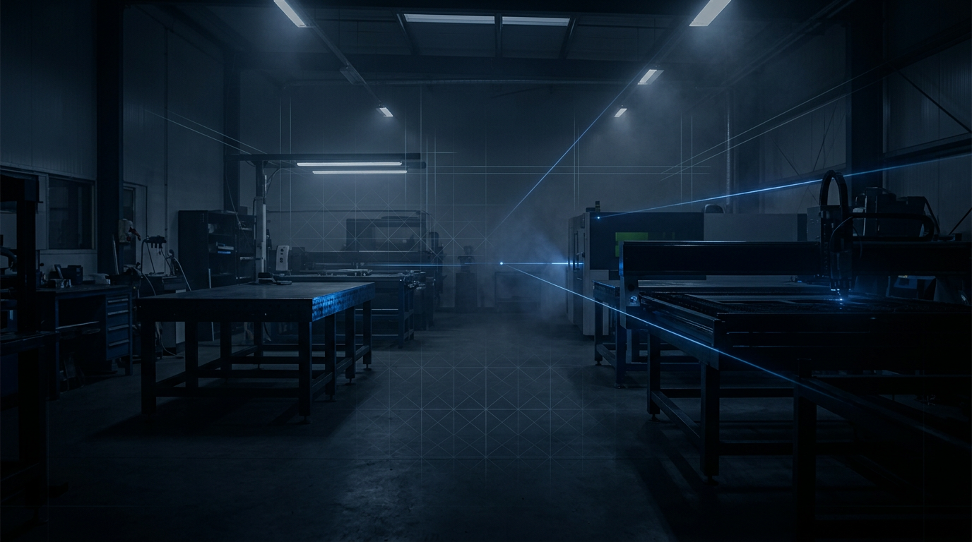 Dark industrial workshop with thin beams of electric blue light cutting through atmospheric haze, suggesting laser technology and optical fiber glow against steel equipment in shadows.
