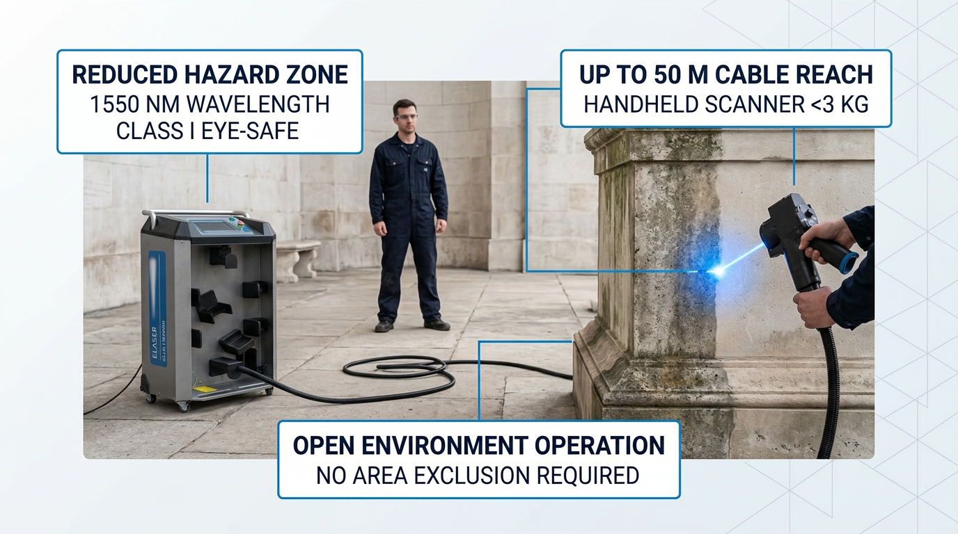 ELASER-RHZ laser cleaning machine with extended fiber cable in use on heritage stone surface, technician operating handheld scanner with electric blue laser ablation point visible, second worker observing nearby in open environment without hazard barriers.