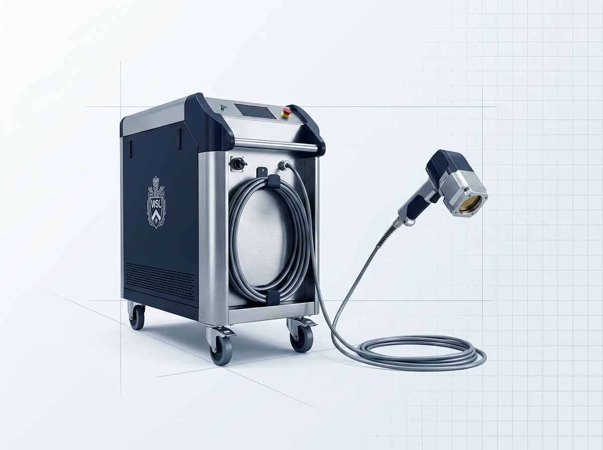 ELASER wheeled laser cleaning machine on left with handheld scanner head on right, connected by fiber cable, positioned in clean studio environment with light grey background.
