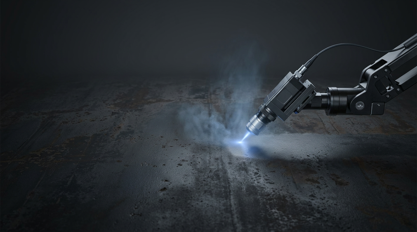 Laser cleaning head positioned above a dark metal surface with a soft blue arc of light at the contact point and a subtle plume of vaporized contaminant dispersing into the air.