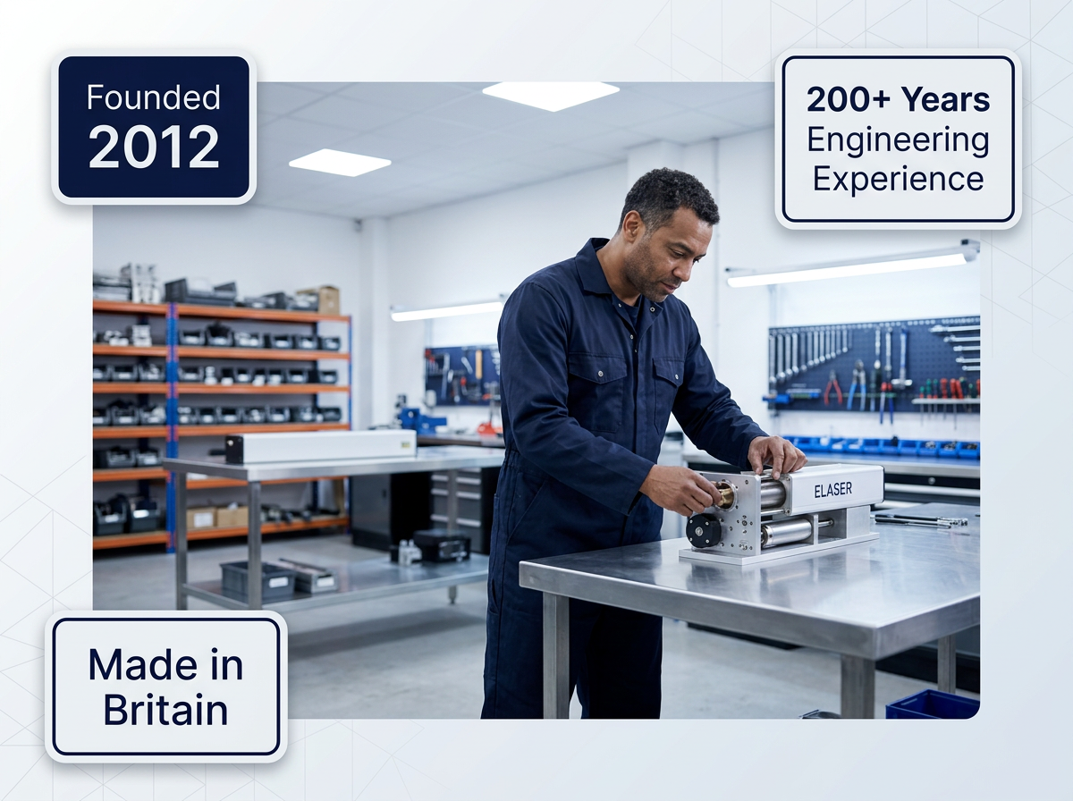 Technician in navy coveralls assembling laser cleaning system at bright industrial workbench with overhead LED lighting; three credential badges positioned at image edges: Founded 2012, 200+ Years Engineering Experience, Made in Britain.