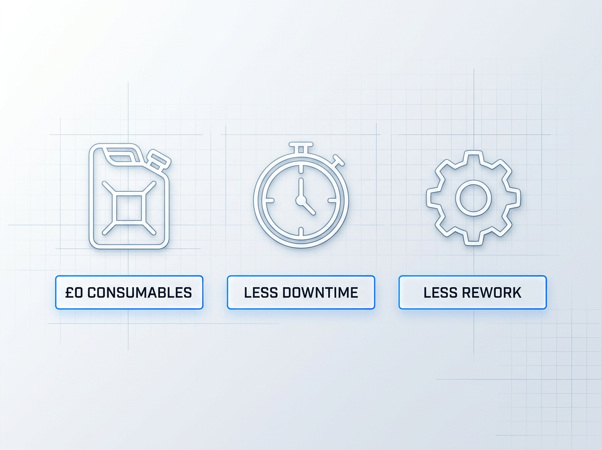 Three cost component icons in a row: a consumables container on the left, a clock symbol in the center, and a component symbol on the right, each labeled below with white text on blue-bordered containers.