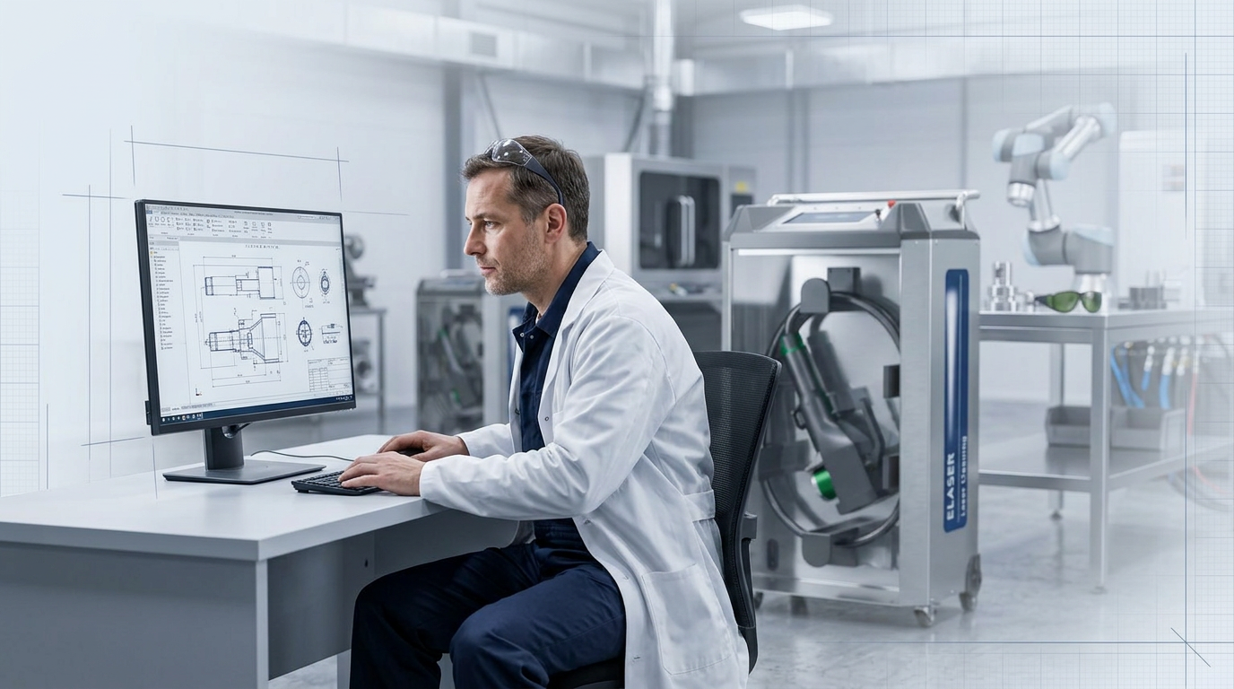 Engineer in lab coat seated at desk reviewing CAD technical drawings, with ELASER laser cleaning machine visible in soft focus in the background manufacturing facility.