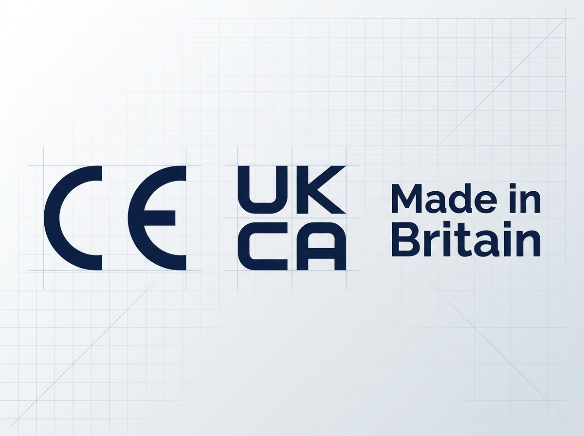 CE mark, UKCA mark, and Made in Britain identifier arranged horizontally on light technical background with faint grid pattern