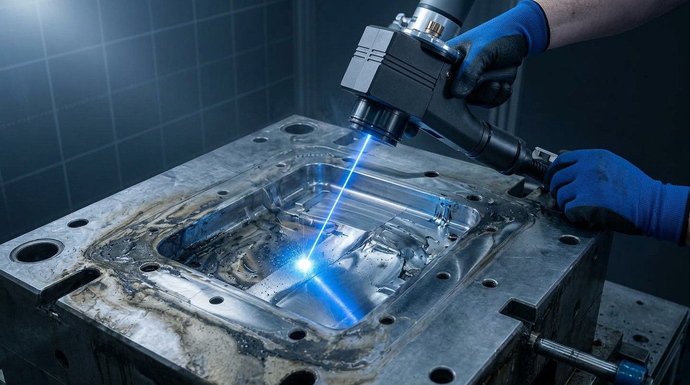 ELASER laser scanner head directing bright electric blue laser into an open injection mould cavity, with grimy release agent buildup on one side contrasting against cleaned bare metal surface glowing at the laser contact point.
