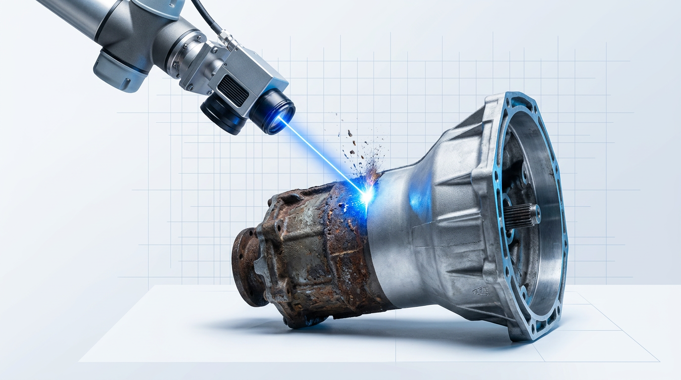 Automated laser scanner cleaning corroded engine housing, with left side showing rust and oxidation, right side showing clean bare metal, electric blue laser beam at contact point.