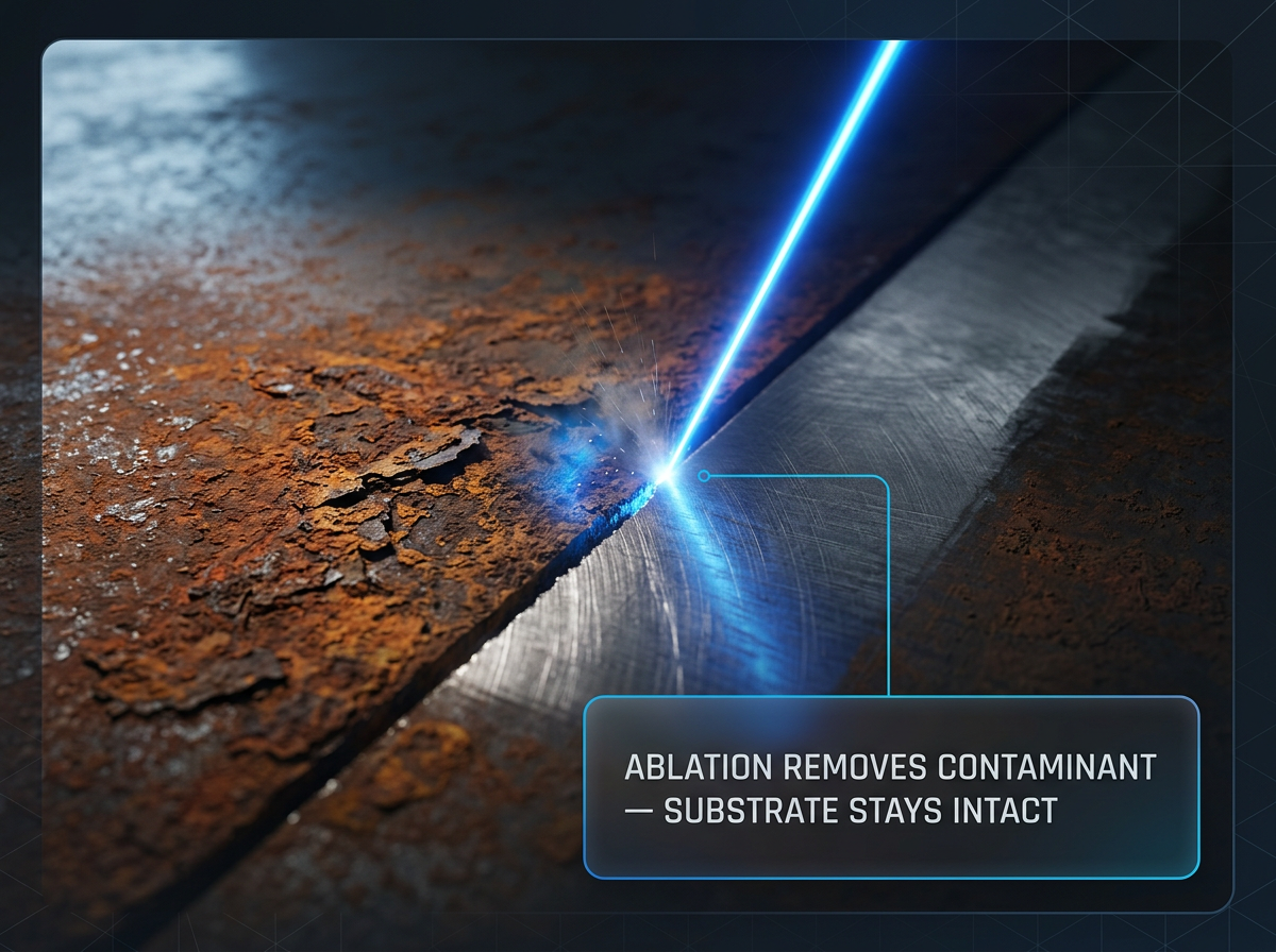 Close-up of electric blue laser beam striking rusted metal surface, with rust layer vaporizing on left side and clean bare steel exposed on right, demonstrating laser ablation cleaning principle.