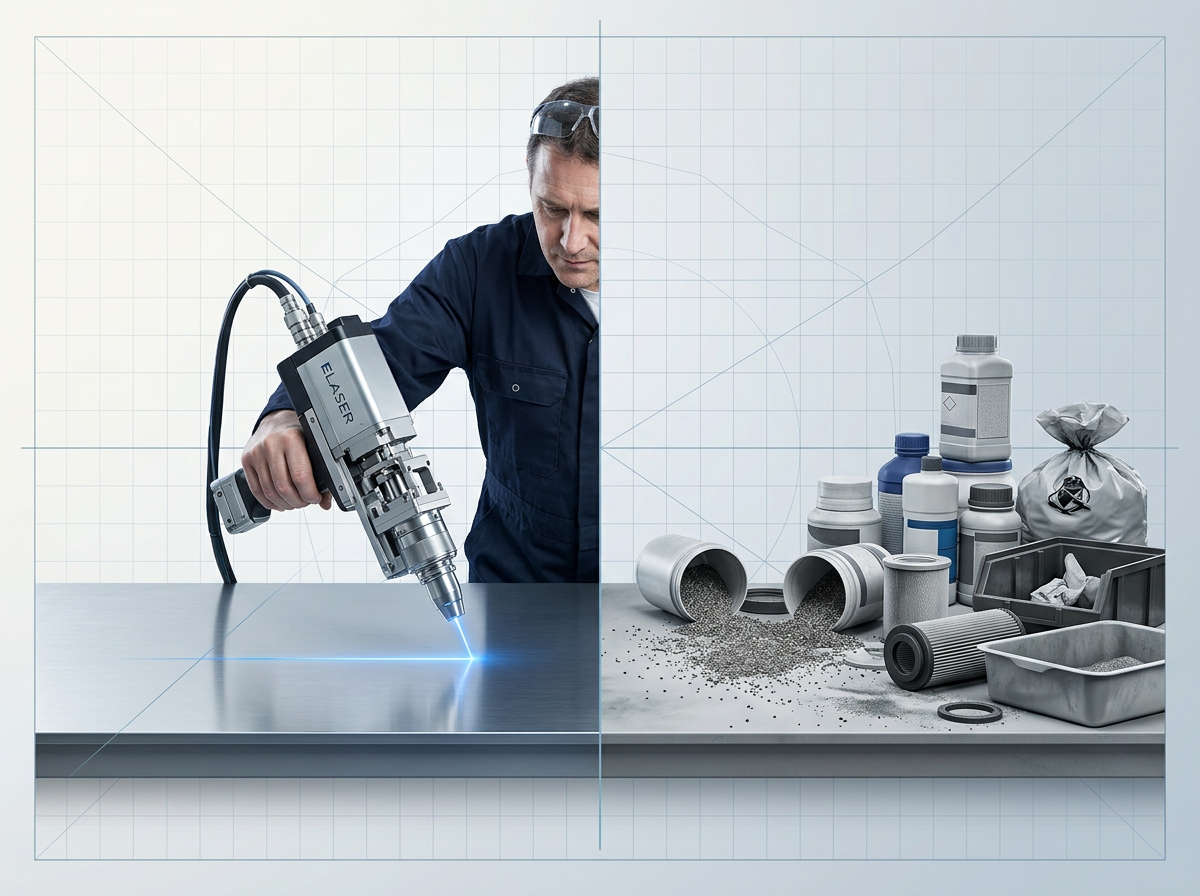 Split-composition contrast: left side shows a compact laser scanner head held over a clean steel surface with electric blue laser glow; right side displays scattered abrasive media, chemical bottles, and waste containers from traditional cleaning methods.