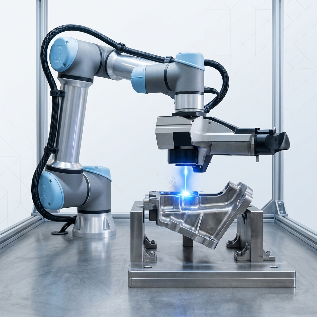 Compact robotic arm with electric blue laser cleaning head positioned over a metal component in a bright industrial cell, demonstrating automated load-and-go laser cleaning operation.