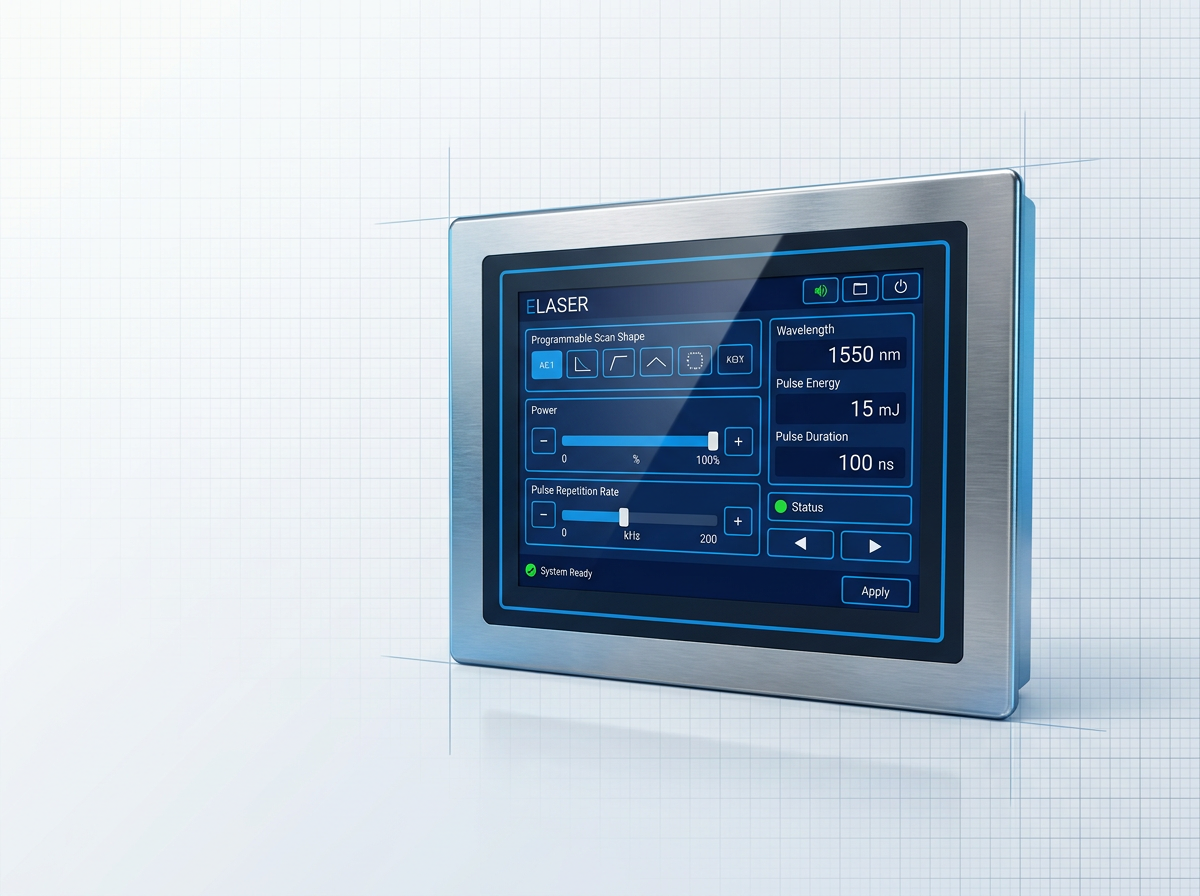 ELASER touchscreen control panel with dark navy interface displaying laser parameters including wavelength, pulse energy, and repetition rate controls mounted in brushed stainless steel bezel.