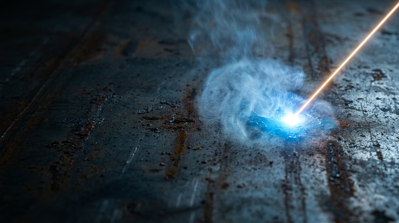 Dark oxidized metal surface with focused laser beam creating bright electric blue glow at contact point, vaporized contaminant particles suspended in luminous cloud.