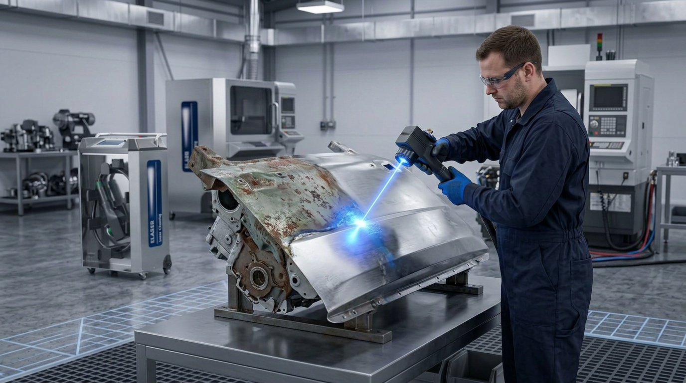 Technician in navy coveralls applying laser cleaning scanner to automotive car body panel in bright manufacturing facility, with electric blue laser beam actively removing rust and paint residue from metal surface.