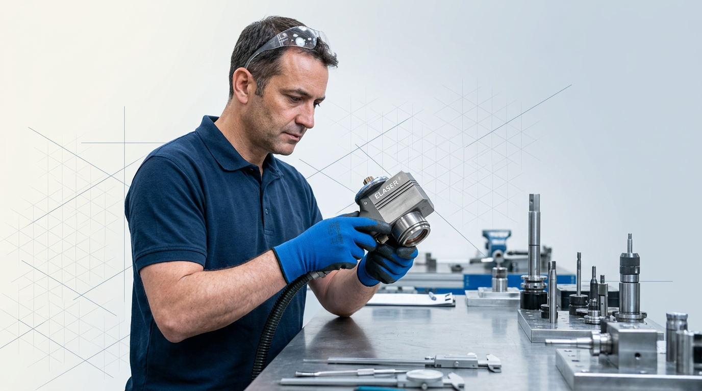Engineer in dark navy coveralls inspecting ELASER laser scanner component at precision workbench in bright manufacturing workshop, safety glasses on forehead, hands carefully handling detailed mechanical assembly.