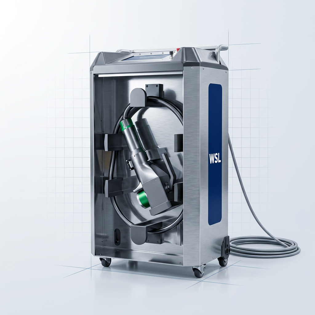 ELASER laser cleaning machine positioned on clean laboratory floor with extended fiber cable, rendered with photorealistic metal surfaces and precision engineering detail against light technical workspace background.