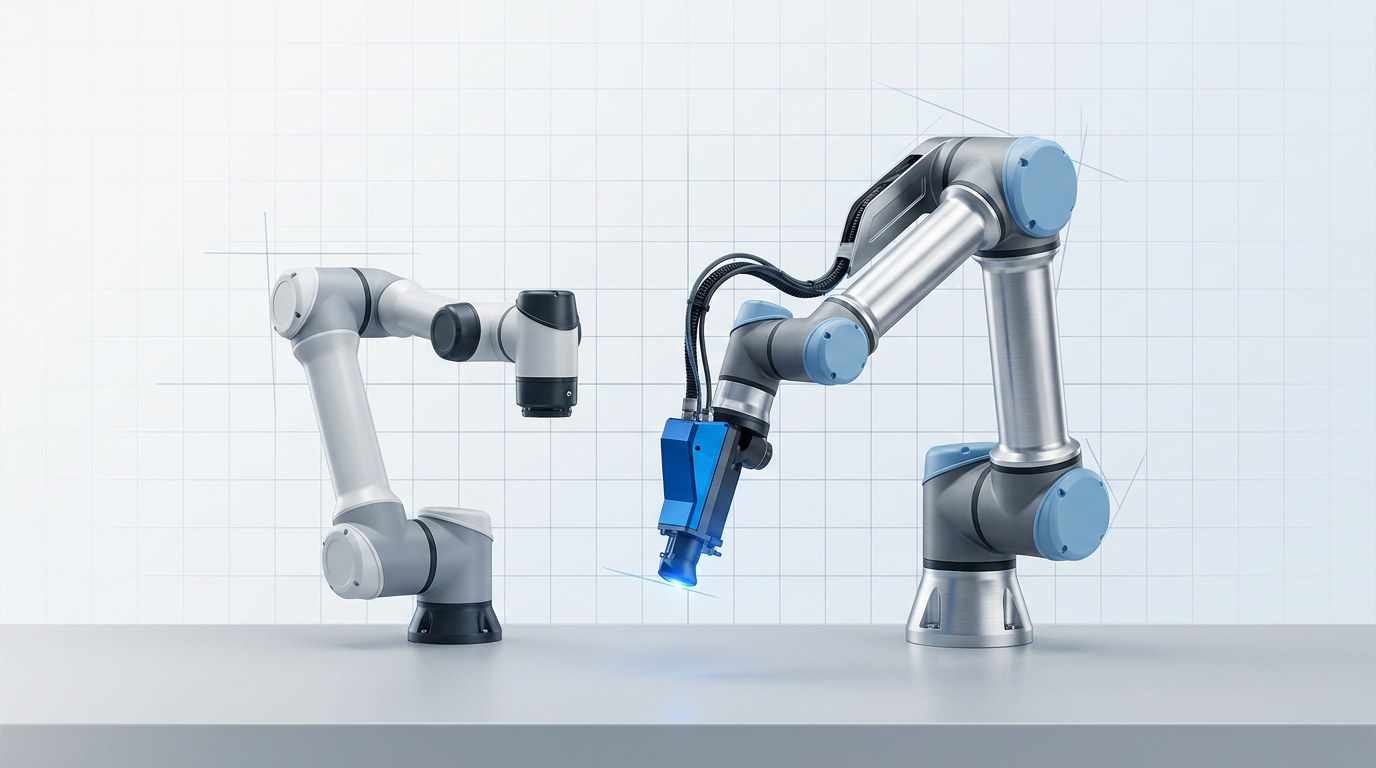 Compact industrial robotic arm with electric blue laser cleaning head mounted at wrist, positioned alongside a collaborative robot on a light grey work surface in a clean technical workspace.