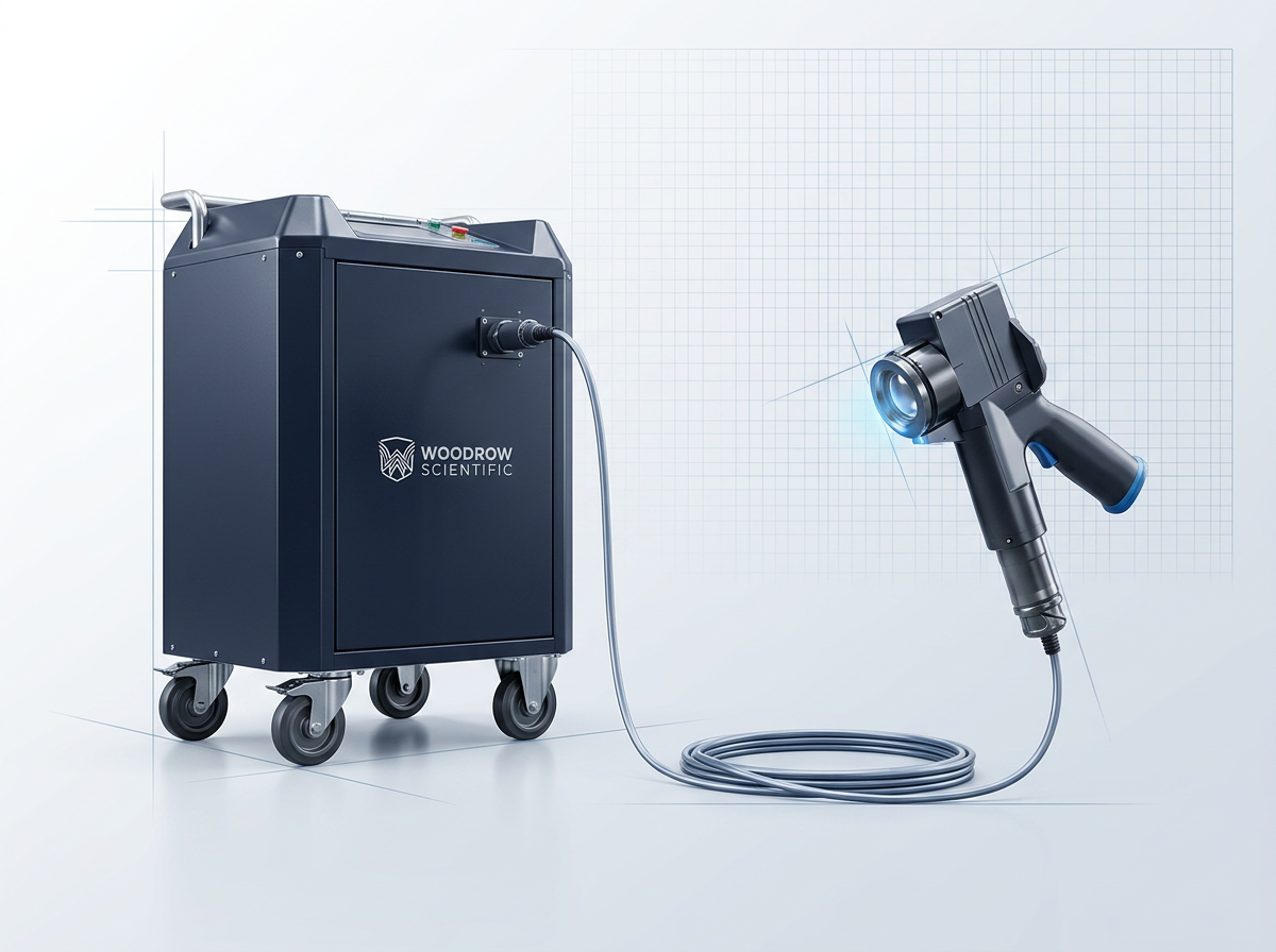 ELASER wheeled laser cleaning machine on left with handheld scanner on right, connected by extended fiber-optic delivery cable on light grey technical background.