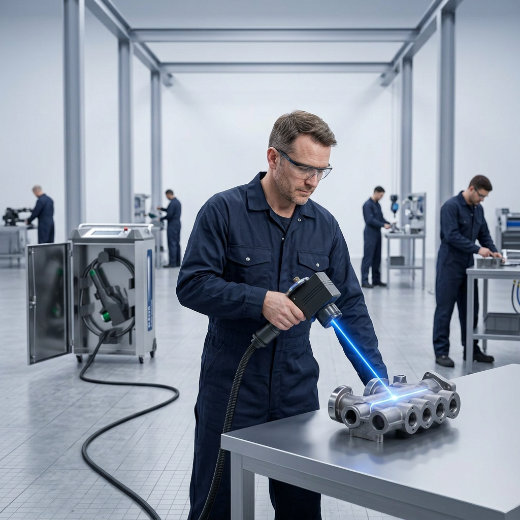 Laser cleaning operator in dark coveralls holding ELASER scanner head directed at metal component, with fiber cable extended across workshop floor to machine in background left. Other workers visible in background continuing normal tasks at workstations. No barriers or evacuation zones present.