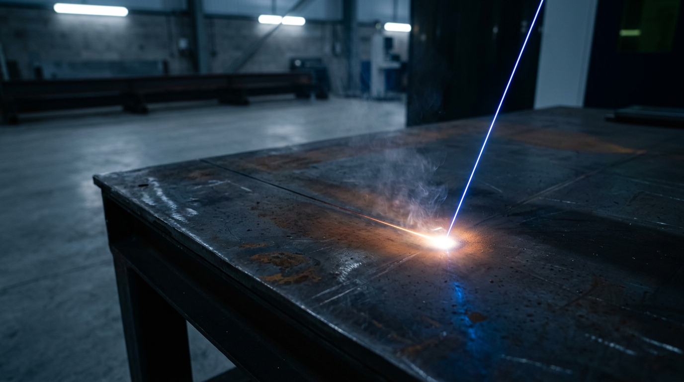 Industrial laser beam striking dark steel surface with bright blue-white contact point and amber heat glow, vaporised contaminant wisps rising in dimly lit manufacturing facility.