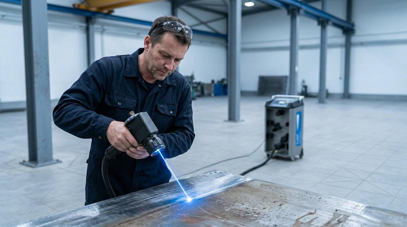 Industrial operator in navy coveralls directs handheld laser scanning head at metal surface, revealing cleaned bare metal through electric blue laser contact point, wheeled ELASER unit visible in background workshop.