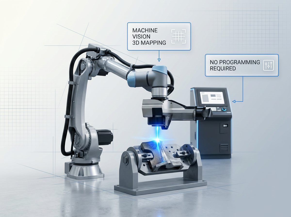 Industrial robotic arm with laser cleaning head positioned over metal component on production-line fixture, with annotated labels for machine vision 3D mapping and no programming required.