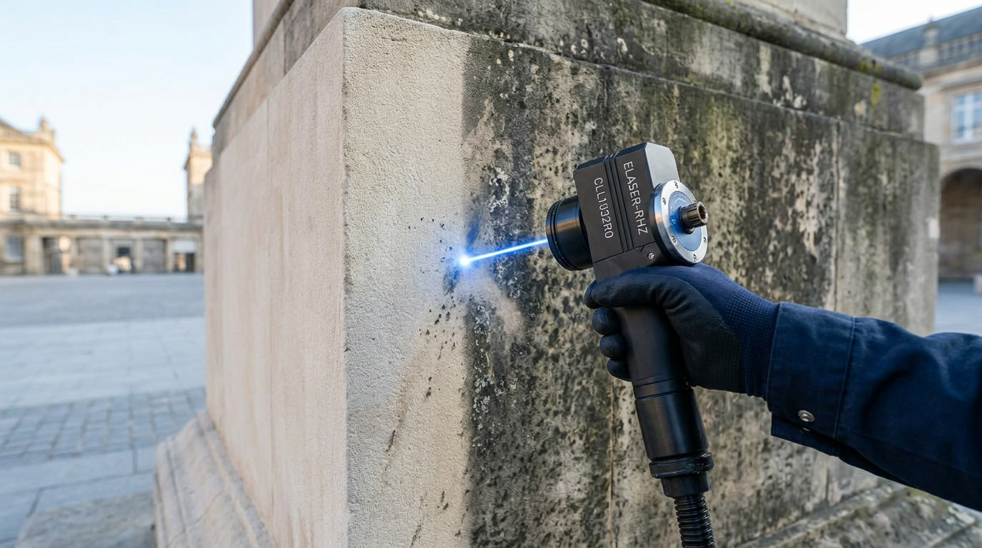 Technician in dark coveralls using ELASER-RHZ laser scanner on weathered stone masonry, with electric blue laser beam revealing cleaned pale stone surface contrasting against aged patina and grime in open public setting.