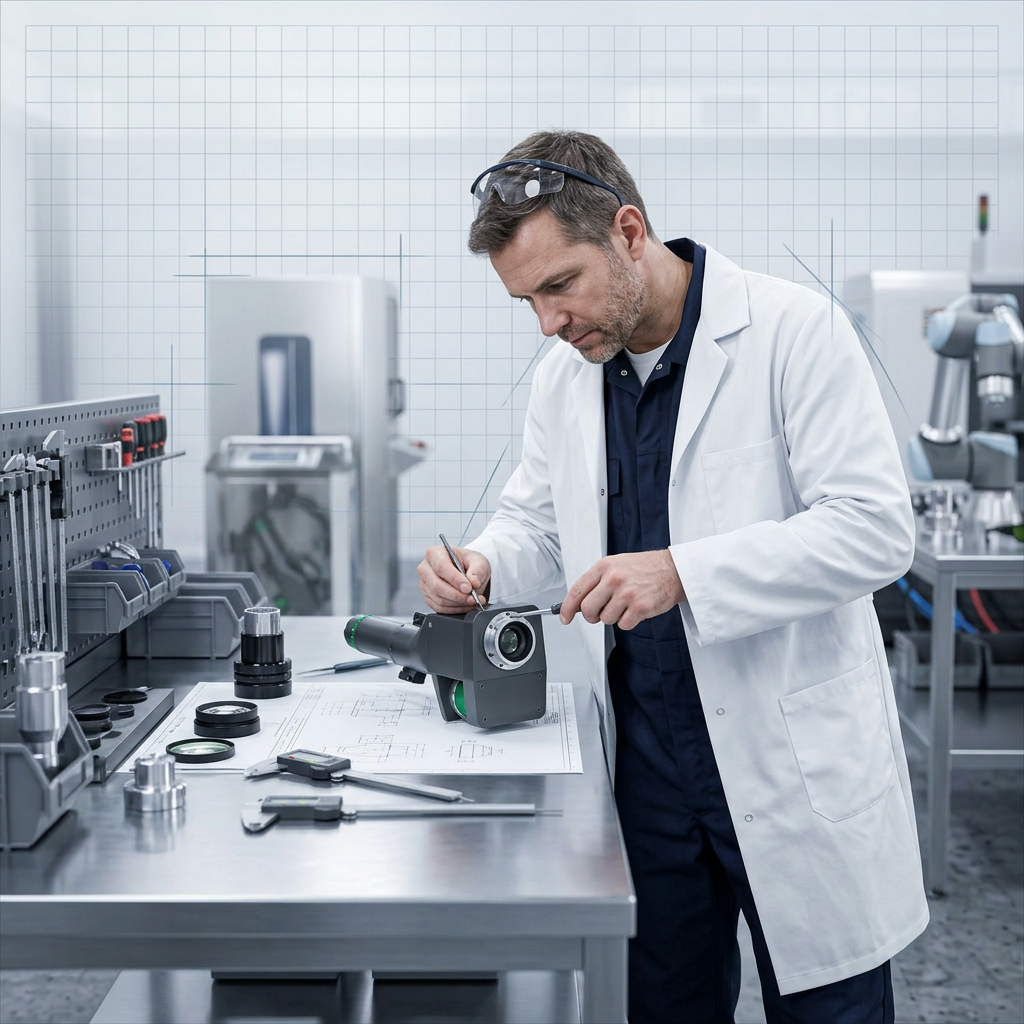 Technician in navy coveralls and lab coat assembling a laser cleaning system component at a precision workbench in a bright industrial workshop, with organized tools and engineering equipment visible.