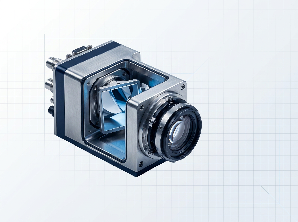 Close-up of ELASER galvanometer scanner head and F-Theta lens assembly positioned at 45 degrees, showing brushed steel housing, reflective optical components, and precision mechanical detail under studio lighting.