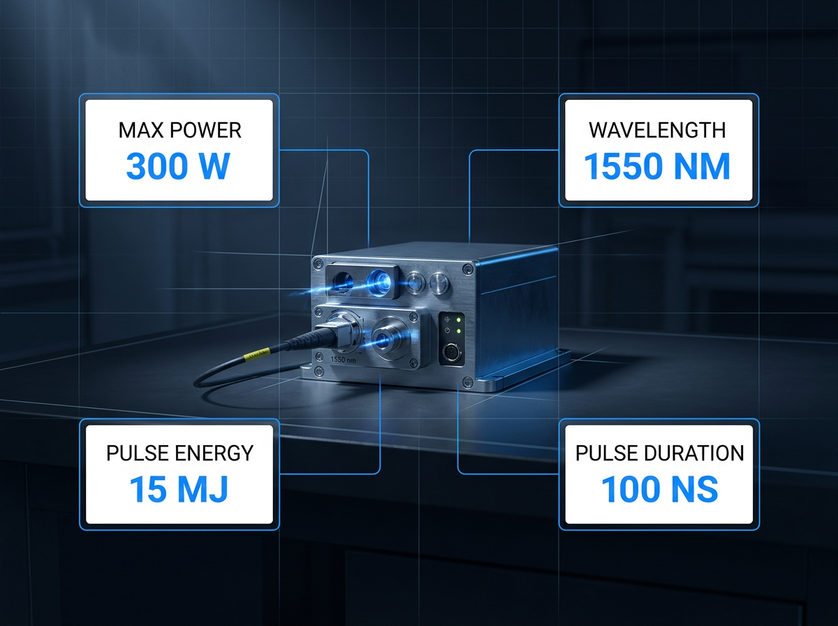 Fibre laser source unit with precision-engineered metal housing and optical coupling ports on dark technical workbench, surrounded by four specification containers displaying power, wavelength, pulse energy, and pulse duration values connected by blue circuit-trace lines.