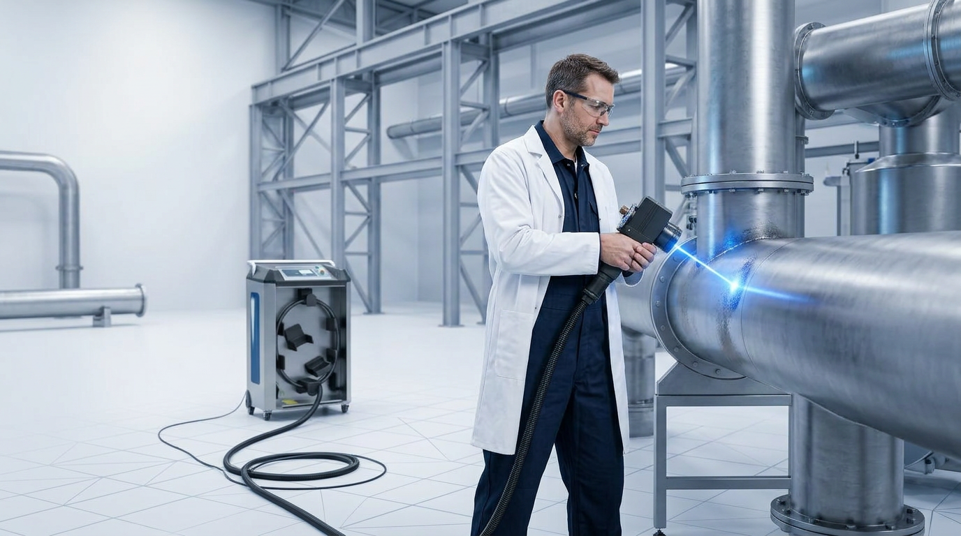 Industrial operator in dark coveralls and lab coat using ELASER handheld laser scanner on large steel pipework, with extended fiber cable running to wheeled cleaning unit in background facility.