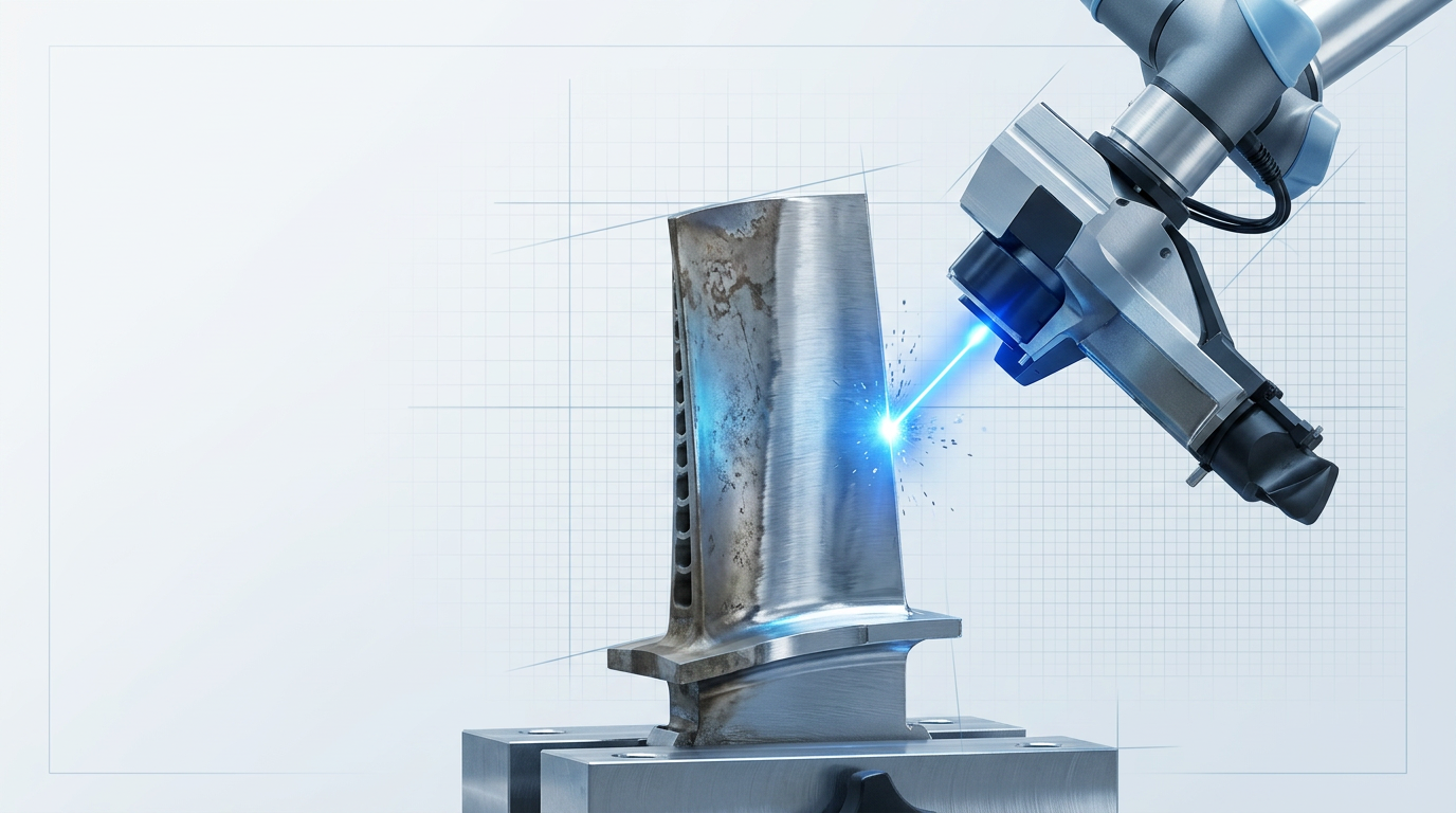 Aerospace turbine blade mounted in robotic arm enclosure with active electric blue laser beam striking surface, showing cleaned polished metal contrasting with degraded coating, precise mechanical detail visible on arm and blade geometry.