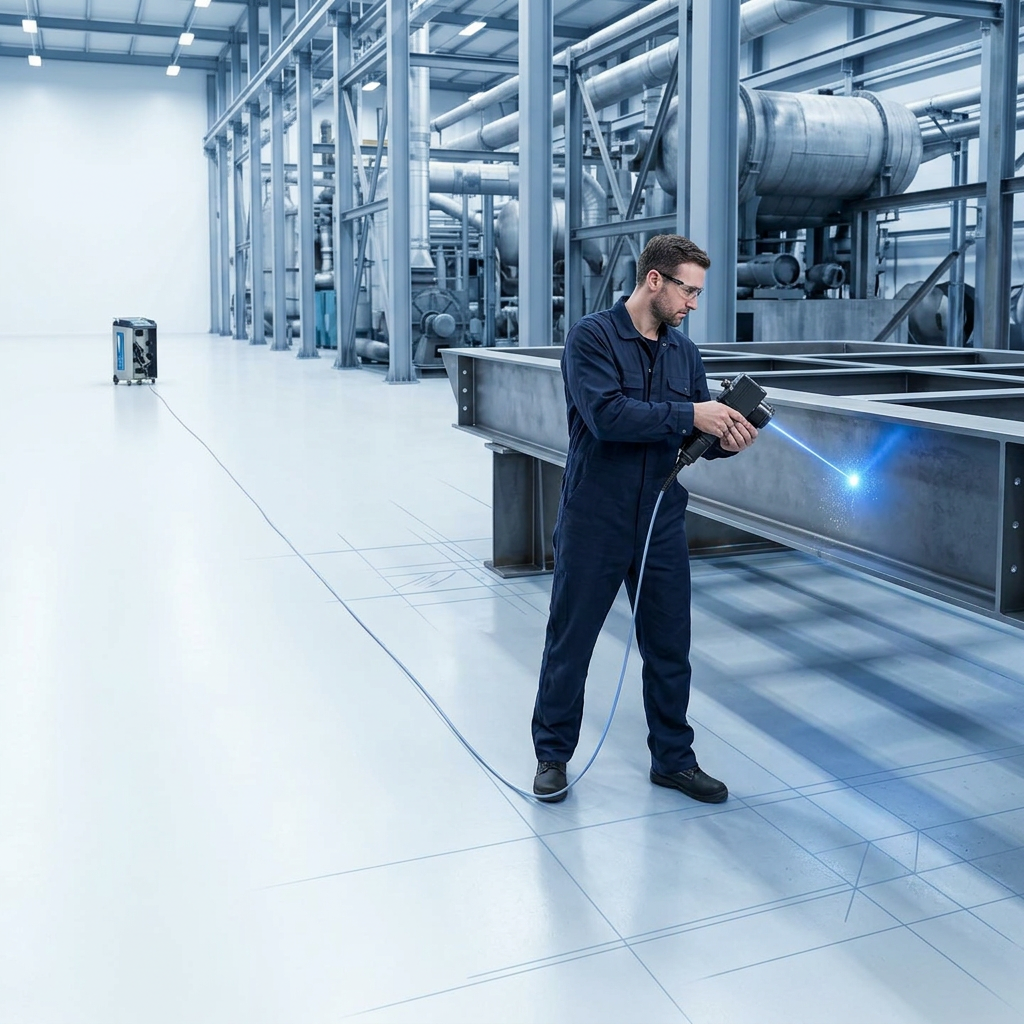 Industrial operator in navy coveralls holding ELASER laser scanner at end of extended fiber cable, directing electric blue laser at structural steelwork; cable runs 50+ meters across polished facility floor to wheeled unit in background.