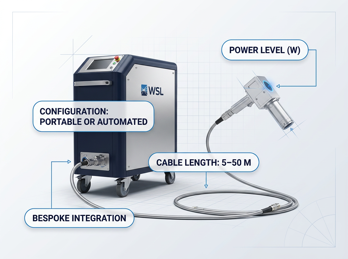 Laser cleaning system with wheeled ELASER unit on left, extended fiber cable, and handheld scanner head on right. Four labeled callout badges identify power level, configuration type, cable length, and bespoke integration points.