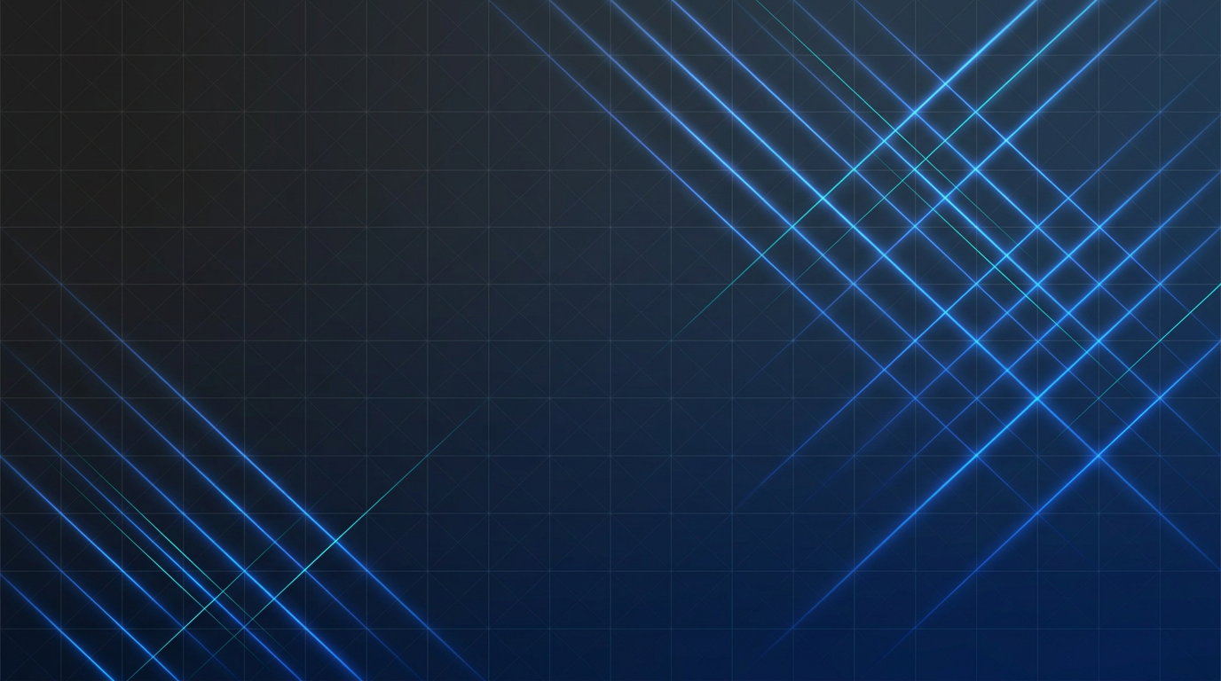 Abstract dark industrial background with electric blue light beams and fibre optic glow effects radiating diagonally across deep navy and charcoal gradient, suggesting active laser technology.