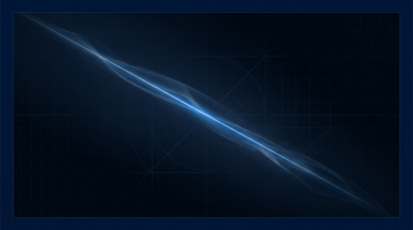 Deep navy and black industrial background with diagonal electric blue laser beam creating glow and light refraction, faint geometric grid patterns suggesting precision engineering measurement
