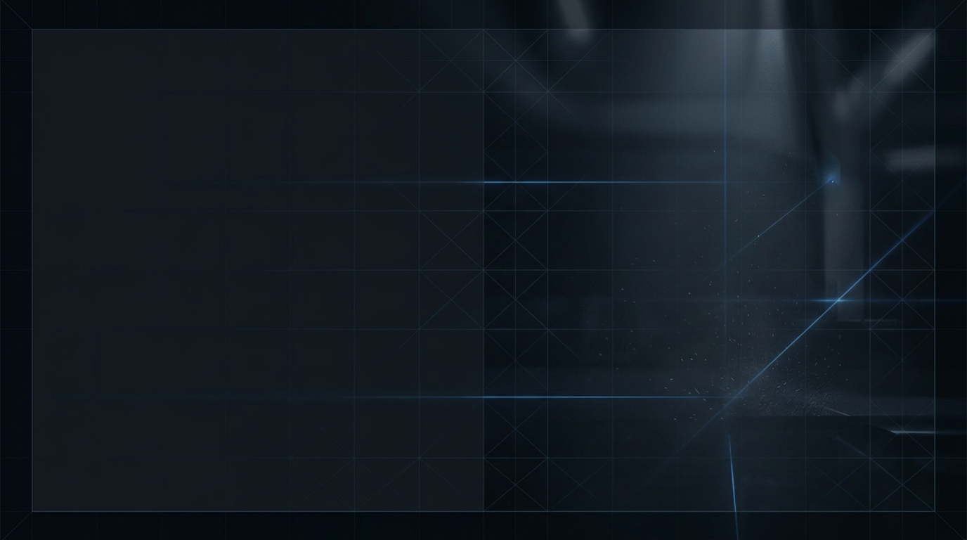 Deep dark industrial environment with geometric grid pattern and subtle electric blue laser light trails suggesting precision engineering and laser technology.